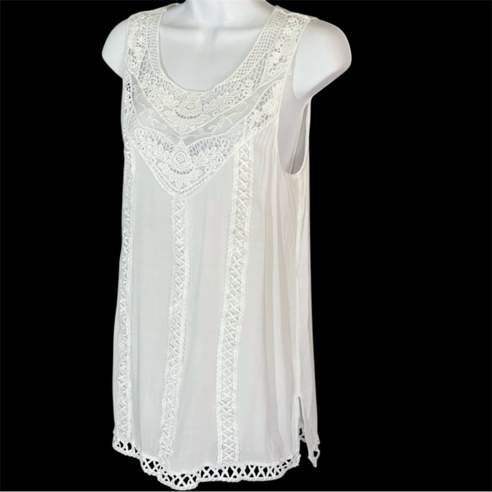 Cream Lace Crochet Tunic Top L Romantic Boho Hippie Cottagecore Feminine Sheer - Picture 4 of 10